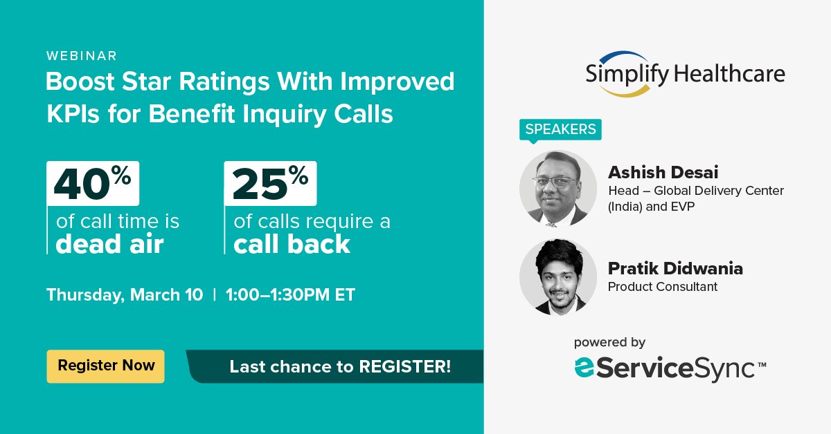 SimplifyHCare's tweet photo. Are your CSRs equipped to deliver real-time, accurate benefit information resolving a benefit inquiry in the first call?
Sign up for our webinar. https://t.co/xxIom72Q7W
#SimplifyHealthcare #HealthPlans #eServiceSync #BenefitInquiry #SSOT #Growth #StarRatings https://t.co/Y84zhos6OH