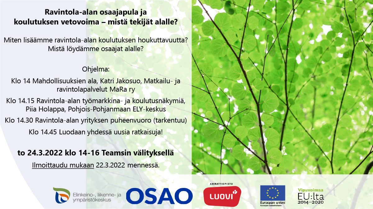 POPELYkeskus's tweet photo. Ravintola-alan ratkaisupajassa 24.3. aiheena alan osaajapula ja koulutuksen vetovoima - mistä tekijät alalle? Ilmoittaudu mukaan 22.3. mennessä https://t.co/xZXUxiWTcm
#popely #POPKohtaantoa @yritysbuusti https://t.co/TvYyhhOZwg