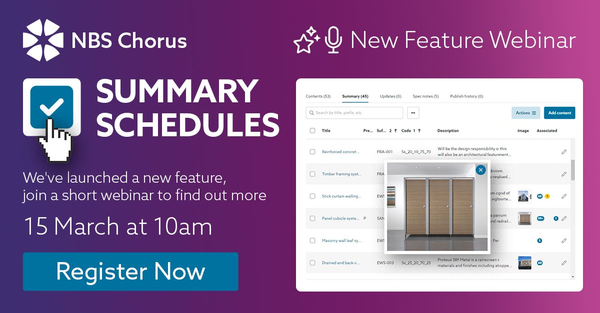 theNBS's tweet photo. NEW FEATURE 🚨 Summary Schedules is now live in #NBSChorus Pro! 

You can now tag clauses in your spec for inclusion in a summary schedule and publish them in an Excel report. 

Join the webinar to find out more 👉 https://t.co/APsQJdf4WC 

#Specification #DigitalConstruction https://t.co/h5DZicvLKH