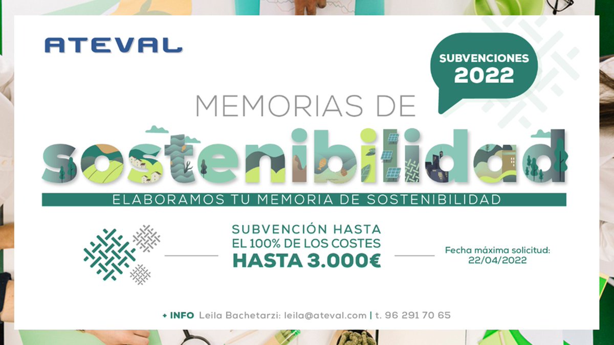 📢 Orden de Ayudas Economía Sostenible 2022

➡️Elaboración e implantación de una Memoria de #Sostenibilidad

🔹Subvención hasta el 100% de los costes, con un límite de 3.000€

Plazo de Presentación de Solicitud
🔹22 de abril de 2022

¡Consúltanos!
ateval.com/blog/sostenibi…