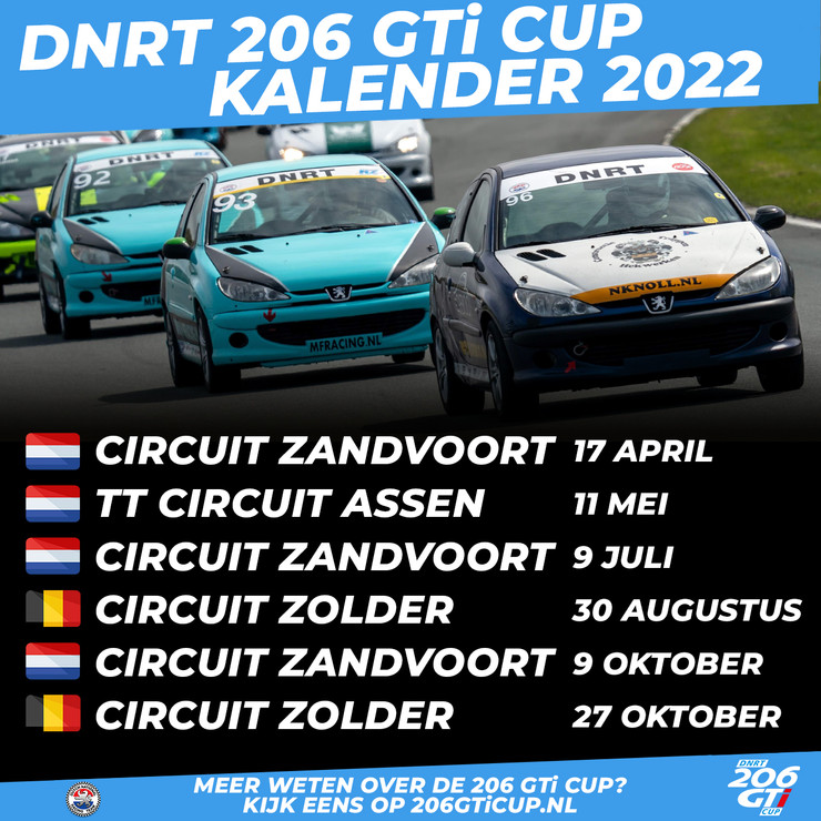 Tijdens het Paas-weekend gaat het 2022 seizoen van de DNRT 206 GTi Cup Dit seizoen komt de klasse tijdens 6 racedagen in actie op Circuit Zandvoort, TT Circuit Assen en Circuit Zolder

Zie hier de volledige kalender: