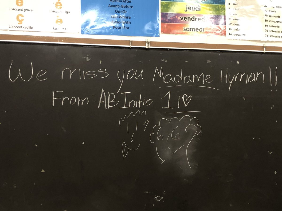 LuizaHyman's tweet photo. After a busy day of IB IA oral exams with my seniors, I returned to my classroom and found this note on the board! It’s the little things…I missed you too Ab-initio year 1 caring students! @grcollegiate https://t.co/wSd8zVUicc
