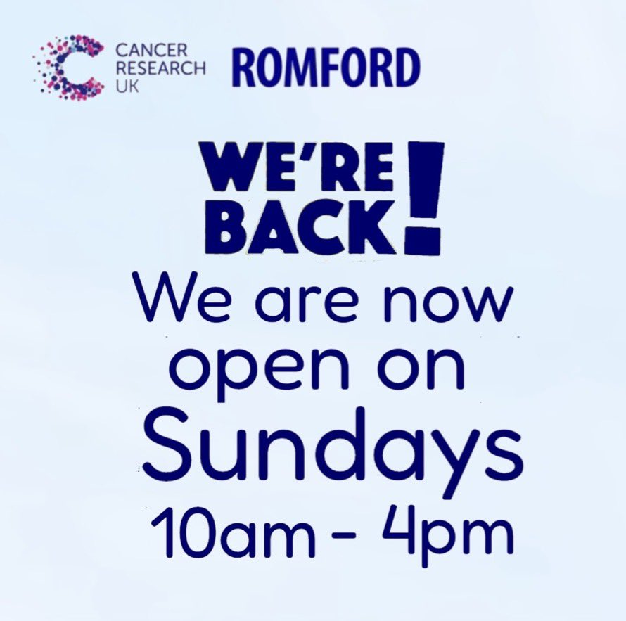 CRUKRomford's tweet photo. We are back!! Our Sunday trading hours will be 10 am till 4 pm @ 102  South Street #Romford #Essex #CRUK #CRUKShops #RomfordMall #RomfordShopping #TimeFM #Essex #Havering #SundayShopping https://t.co/4mrzaFRoRq