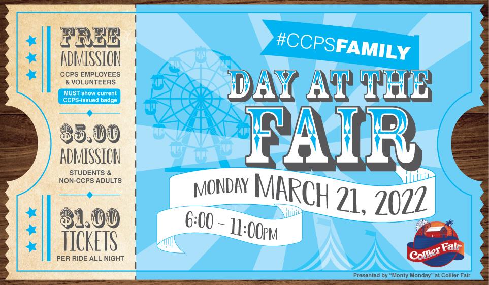 CCPS is excited to once again collaborate with the Collier County Fair to celebrate our #CCPSFamily! On Monday, March 21, we hope you'll join us at the Fair for a night of food, family, and fun!
