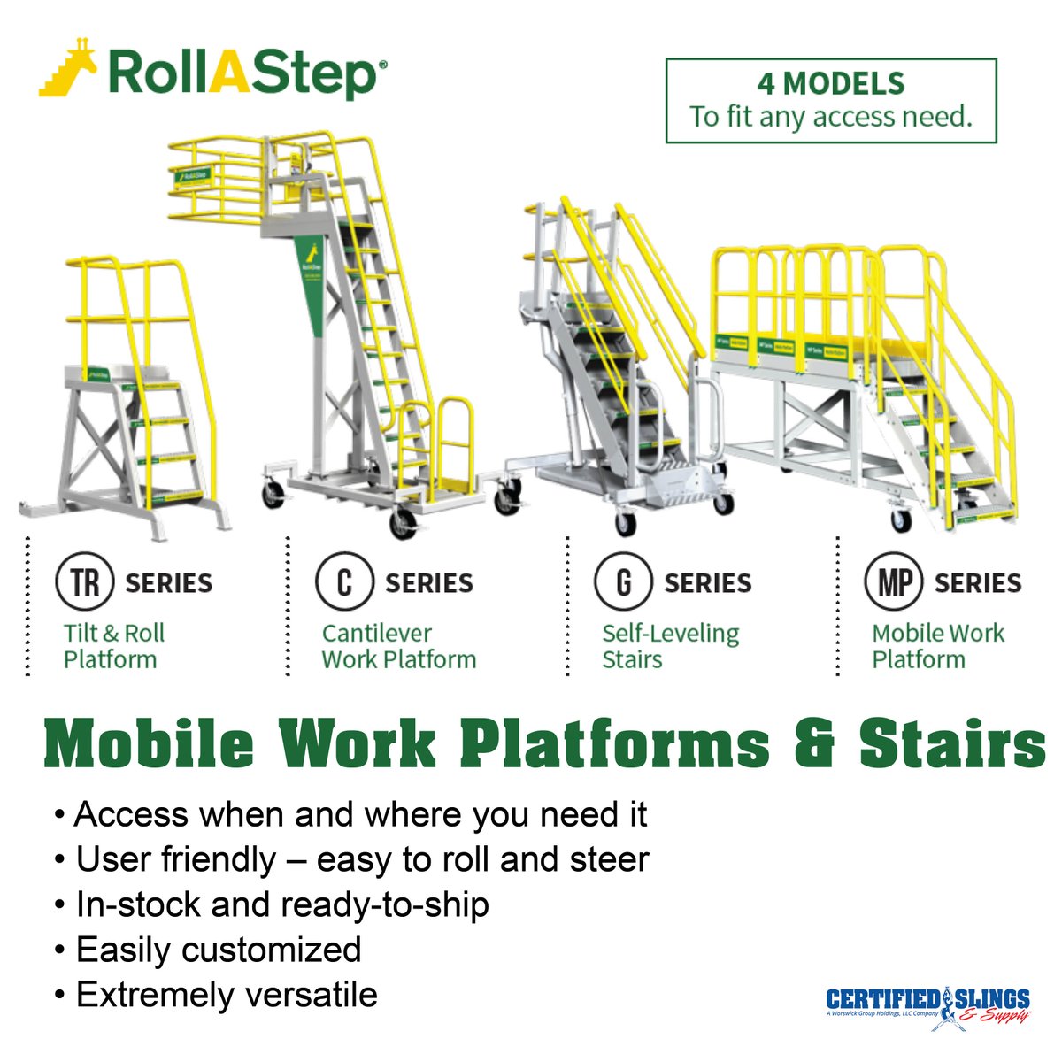 RollAStep - Mobile Work Platforms &amp; Stairs - Access when and where you need it. These user-friendly stairs are easy to roll and steer and are easily customized. Reach out to the Certified Slings for more information on this great product: 800-486-5542 or sales@certifiedslings.com