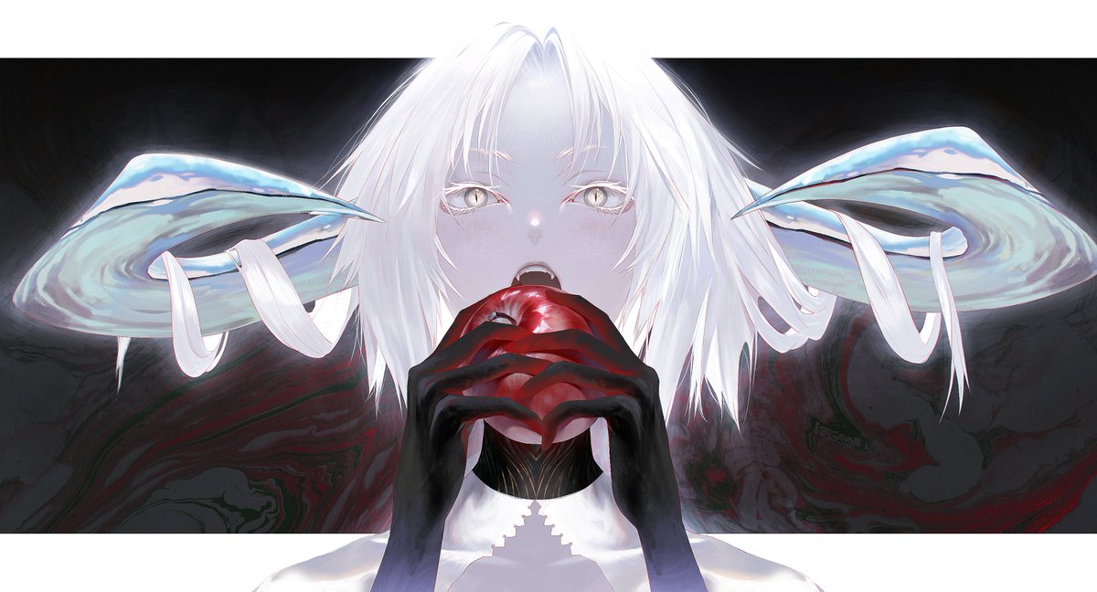 white hair open mouth apple solo food fruit white eyes  illustration images