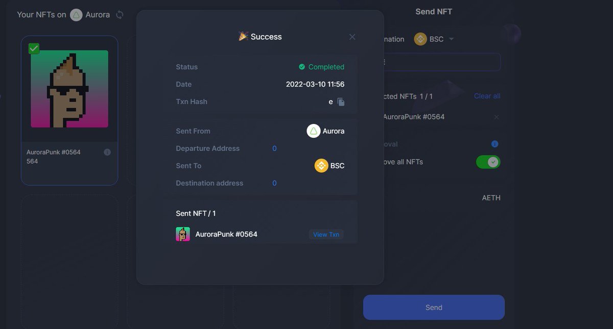 auroraisnear's tweet photo. Huge ‼️ For the first time, an Aurora NFT was sent to the BSC by @xpnetwork_  🔥
This is still a work in progress, but... It's coming 🥳
#auroraisnear #NEAR #Ethereum #EVM #Layer2 https://t.co/XIg3hL6iGI