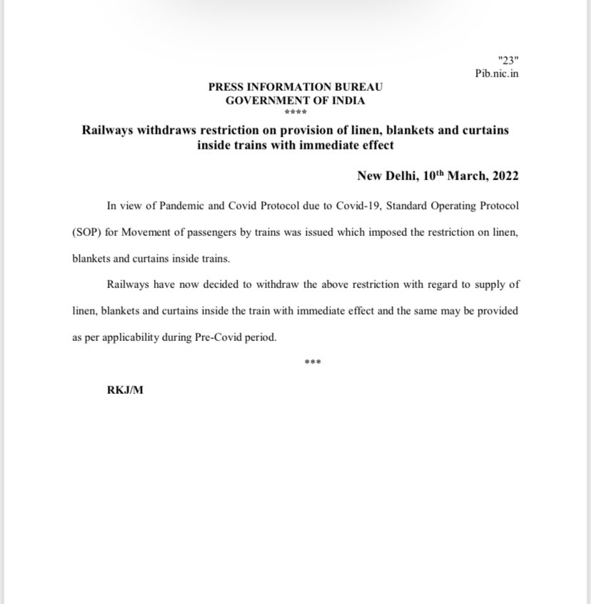 Railways withdraws restriction on provision of linen, blankets and curtains inside trains with immediate effect.

pib.gov.in/PressReleseDet…
