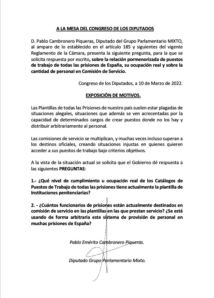 PabloCamPiq's tweet photo. 🔴Solicito información sobre los Funcionarios de Prisiones que están destinados en comisión de servicio. 

Veamos cuál es la situación para poder proponer soluciones. https://t.co/XAObOc1bmV