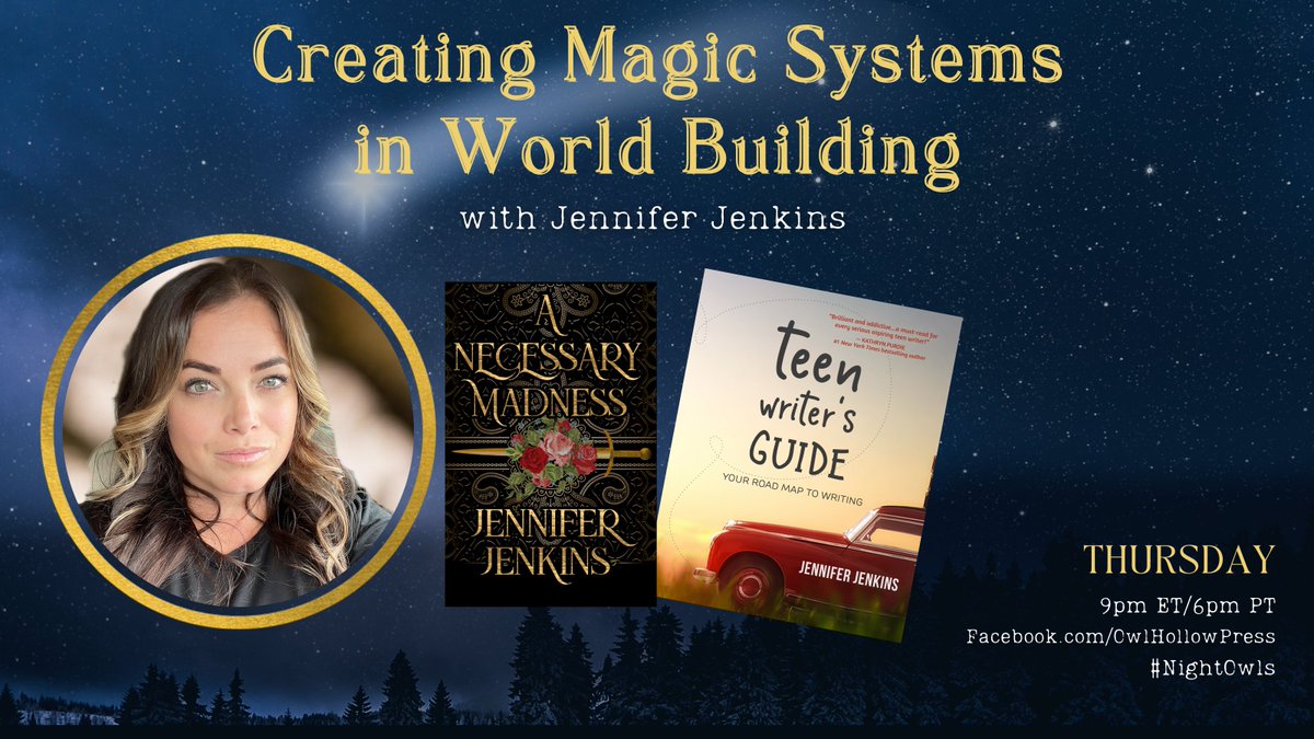 owlhollowpress's tweet photo. Join @authorjenkins, a master in world building instruction &amp; fiction writing, to learn about building Magic Systems in your own worlds. 

Bring your questions &amp; join us for an excellent chat. Tonight on our FB Page:

https://t.co/u1SVqsztEZ

#writingtips #amwriting https://t.co/MzWNOPgp75