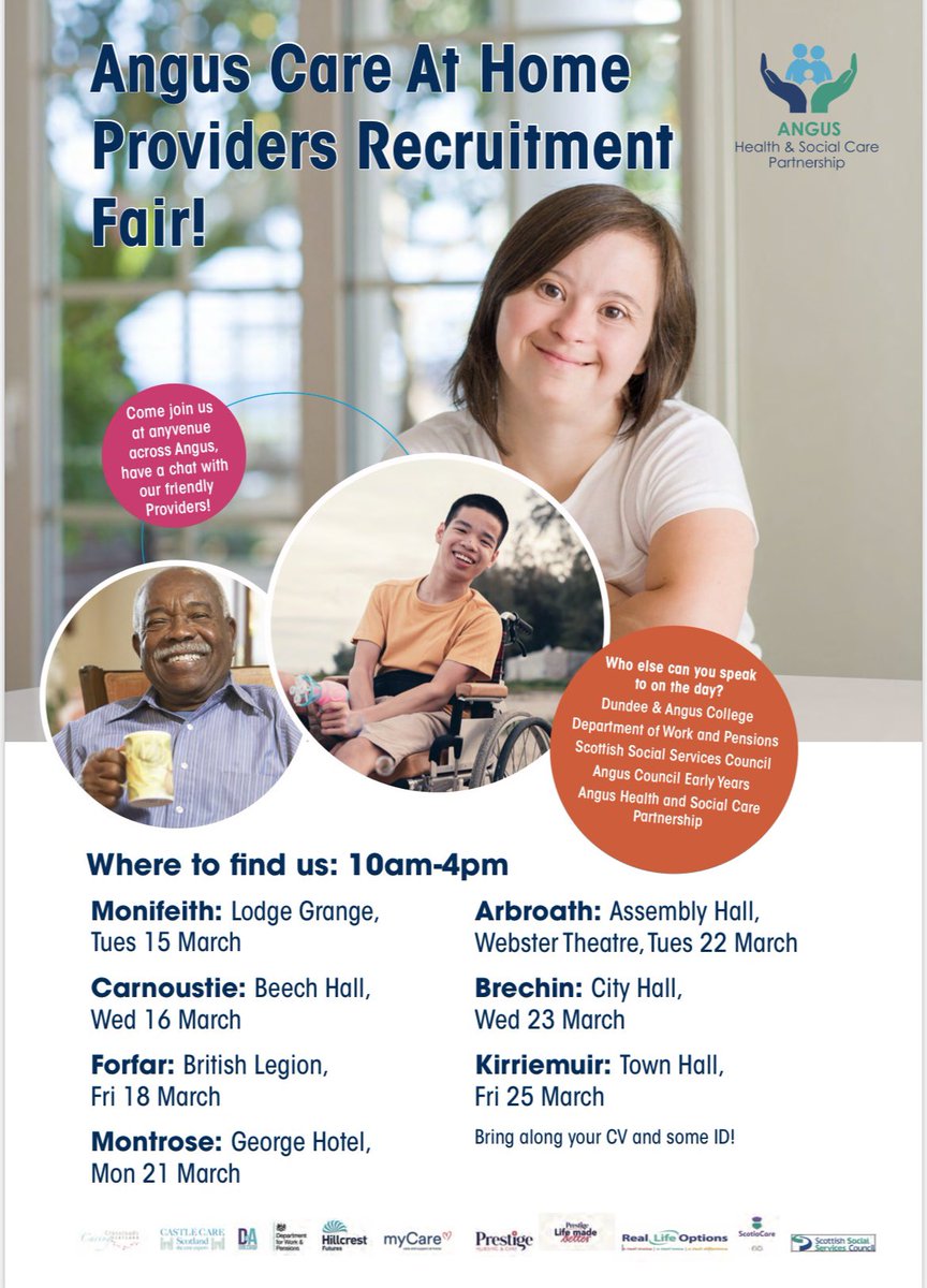 SSSCnews's tweet photo. Are you interested in a career in social care? Come along to the Angus Care at Home Providers Recruitment Fair to find out how to get started. We'll be there along with lots of other providers to answer your questions. 

Take a look at the dates and venues on the below poster. https://t.co/ze35B4SLLD
