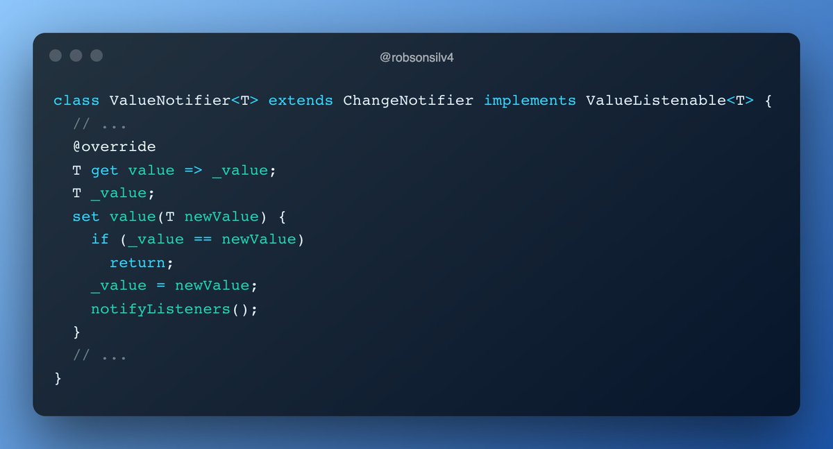 robsonsilv4's tweet image. O ValueNotifier do Flutter usa o operador == para verificar se houve alguma mudança no valor ⚡️
E isso pode ser um problema quando usamos objetos como valor 🔥
Quer saber como evitar esse problema? Segue a thread 👇
#flutter #flutterdev #FlutterFestivals