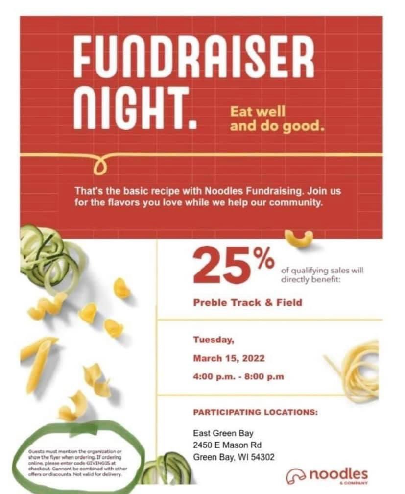Need dinner plans next Tuesday 3/15/22? Come to the East side Noodles and support Preble Track &amp; Field, 4-8pm.  If you prefer to order online please use “GIVING25” in the coupon code. 

Thanks for your support!