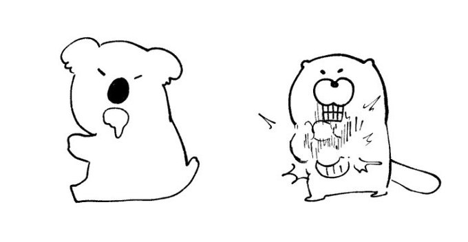 ユーカリを吐くコアラと威嚇するラッコ 