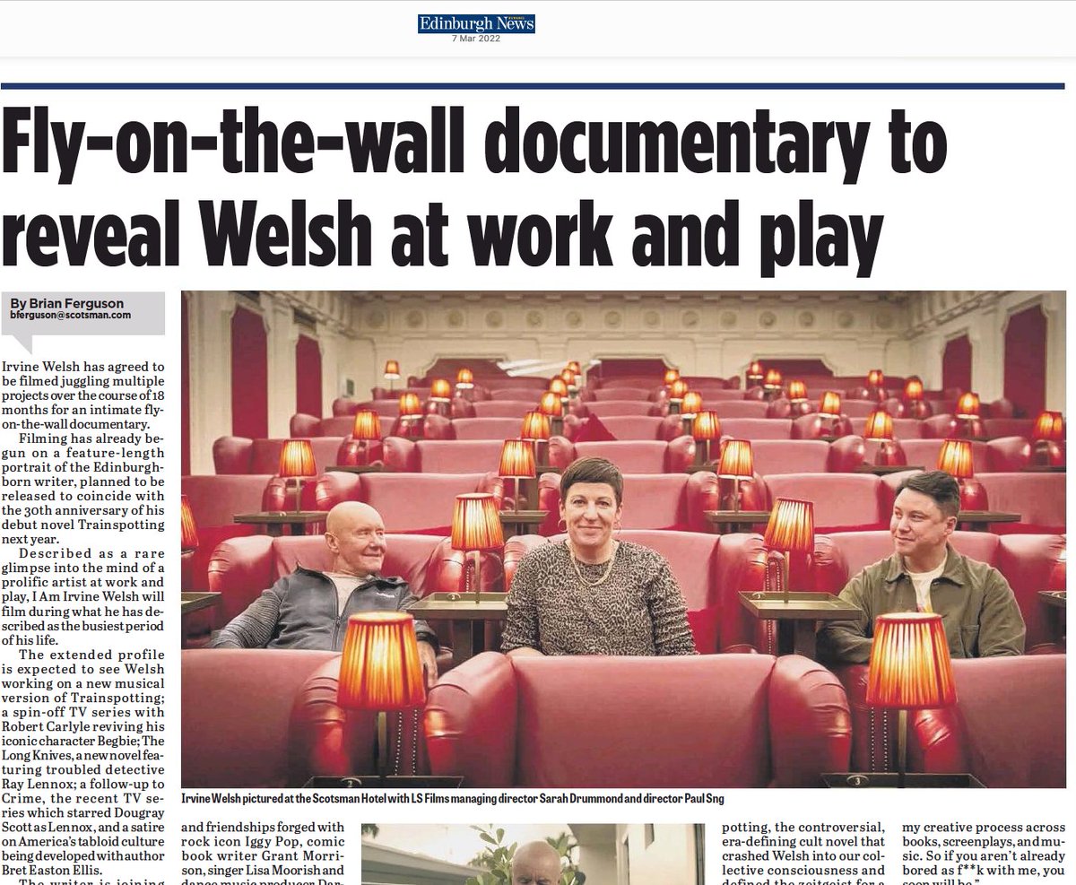 BTS_ChrisMcC's tweet photo. I'm so happy to see one of my portrait shots of #IrvineWelsh, #SarahDrummond and @paulsng from the #LSFilms launch night being used in the papers.

#EventPhotography #PortraitPhotography https://t.co/VFyuYSC7Qg