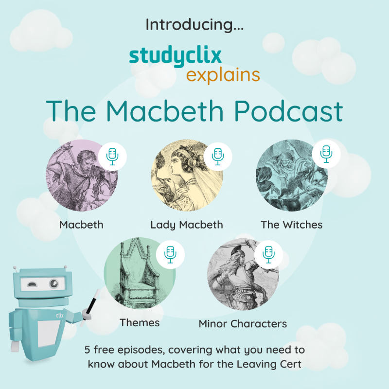 Studyclix's tweet photo. Following the success of our Othello series, we're very excited to launch the Macbeth Podcast!

Created by @MrTobinEnglish (Mr Tobin Leaving Cert English on Youtube), there are 5 free episodes covering everything 5th years studying Macbeth need to know ✍🏻