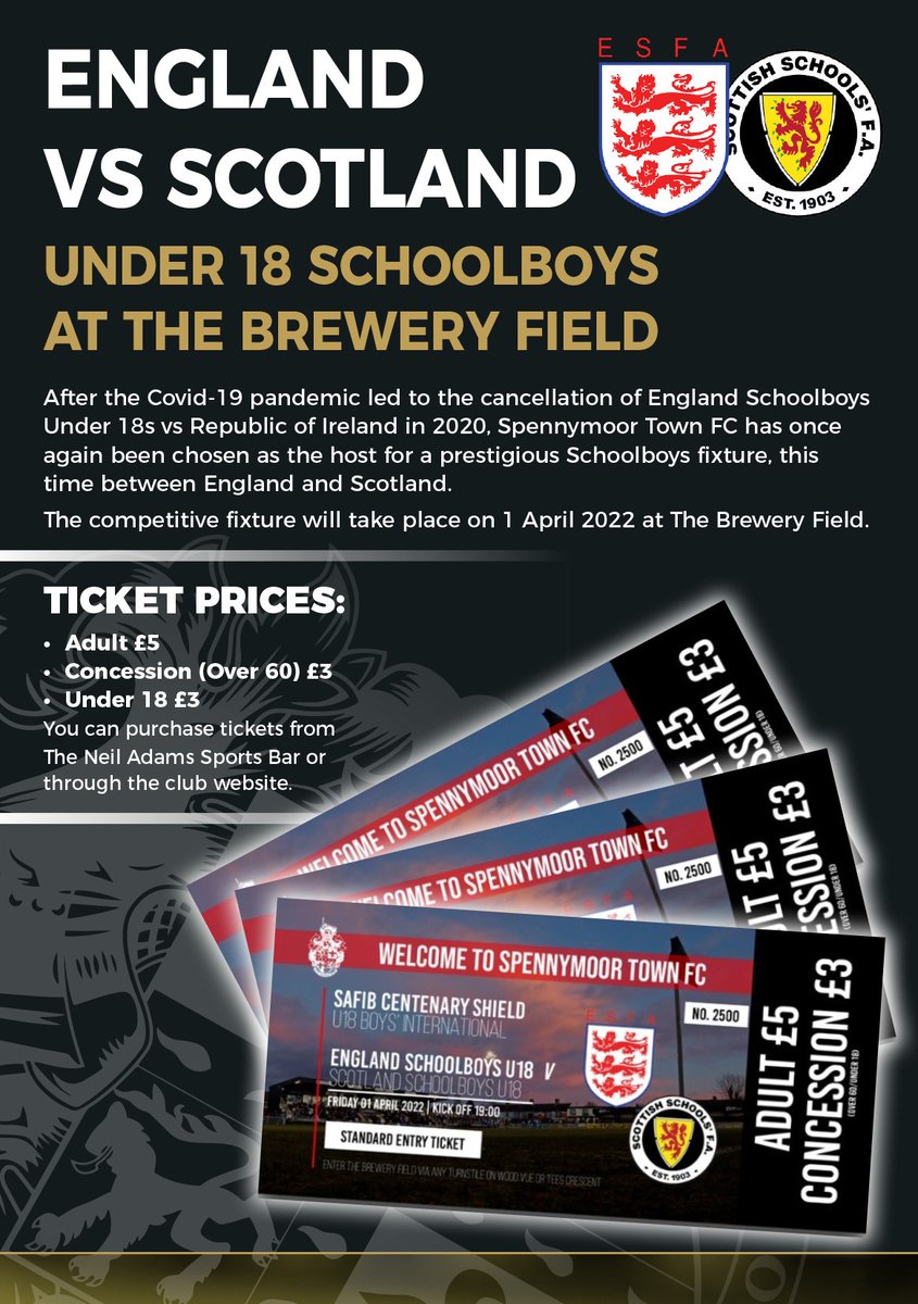 NorthRidingFA's tweet image. COMING SOON...

Grab your ticket &amp;amp; be a part of history as The Brewery Field (home of @SpennymoorTown) hosts its first-ever international fixture on Friday 1 April – 𝙀𝙣𝙜𝙡𝙖𝙣𝙙 𝙫𝙨 𝙎𝙘𝙤𝙩𝙡𝙖𝙣𝙙 (𝙐18 𝙎𝙘𝙝𝙤𝙤𝙡𝙗𝙤𝙮𝙨) ⚽

Buy tickets here ⬇

bit.ly/3IZQCXC
