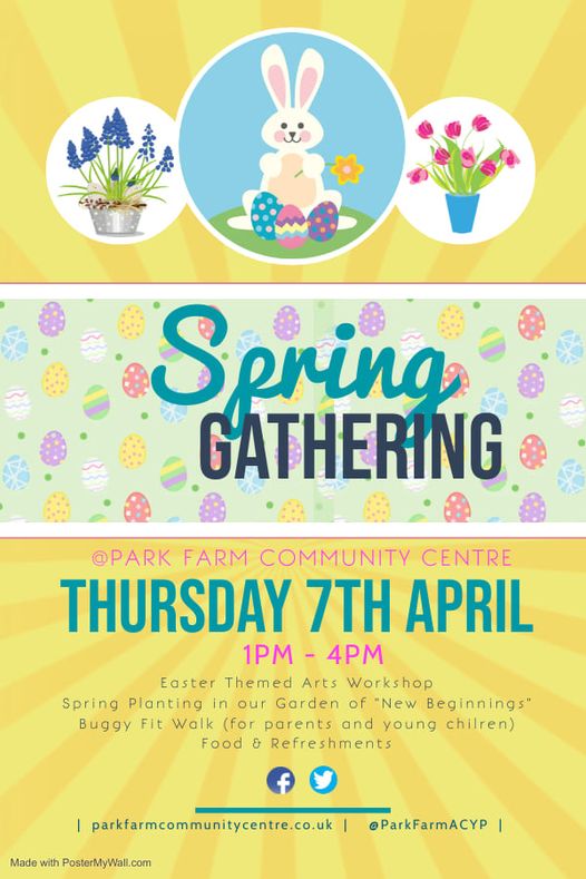 ParkFarmACYP's tweet image. We're having a little Spring Gathering! 🌱🐣
#Community #SpringWellbeing 
Put the date in your diary - THURSDAY 7TH APRIL - 1-4pm
&amp;gt; Easter Arts Workshop
&amp;gt; Spring Planting
&amp;gt; Buggy Fit Walking
.....and more
👉Park Farm Community Centre - St Helens