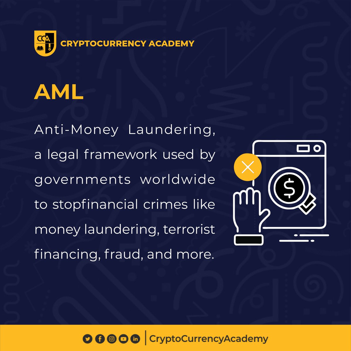 Crypto_Academy_'s tweet photo. Anti Money Laundering (AML) seeks to deter criminals by making it harder for them to hide ill-gotten money.

#CryptocurrencyAcademy #AML #Bitcoin #blockchain https://t.co/Nv7lRL4Lxu