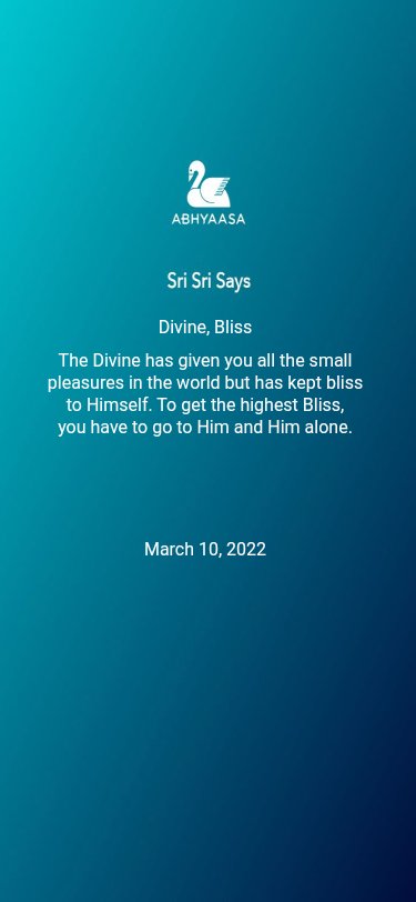 DailyYogaAtHome's tweet photo. The Divine has given you all the small pleasures in the world but has kept bliss to Himself. To get the highest Bliss, you have to go to Him and Him alone.
 
----- 
 Powered by Abhyaasa.
 Android - https://t.co/7n60qXHFLZ 
 iOS - https://t.co/aE10Pwo5bz 
 Download for free. https://t.co/Zg3jy9BxY0