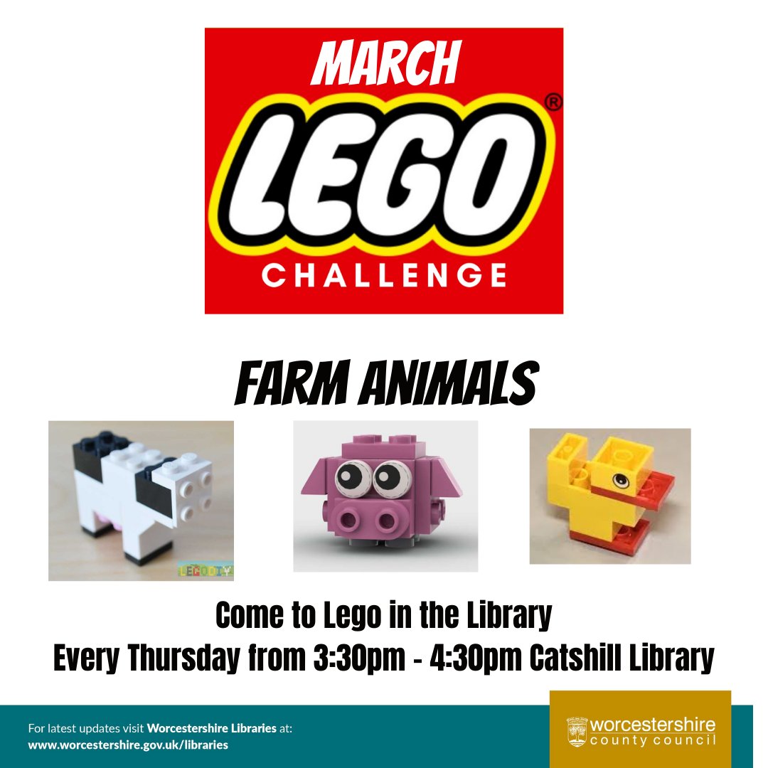CatshillLib's tweet photo. This week we’re launching a new month-long #legochallenge for Lego in the Library! If you’re ever stuck for something to build why not have a go at this!
Lego in the Library: Every Thursday from 3:30pm – 4:30pm #Catshill #LegointheLibrary #LibraryFun #Lego https://t.co/DDhuKVfI2e