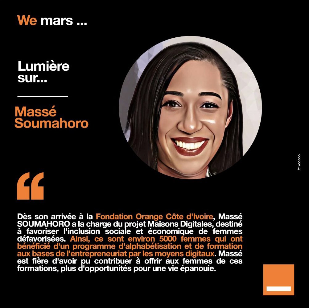 CI_Orange's tweet photo. Pour le 1er portrait de notre série #WeMars, nous mettons en lumière Mme Massé Soumahoro qui s’occupe des Maisons Digitales de la @Fondation_OCI, destinées à favoriser l'inclusion sociale et économique de femmes défavorisées.
#JournéeInternationaleDroitsDeLaFemme https://t.co/qdQNP8Isj2