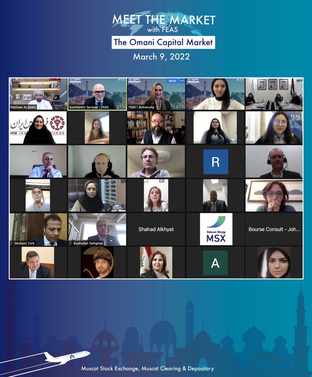 On March 9th, 2022, The Federation of Euro-Asian Stock Exchanges, alongside its members Muscat Stock Exchange and Muscat Clearing &amp; Depository Company, held the “Meet the Market with FEAS | The Omani Capital Market” virtual event.
<a href="/MSX_Oman/">بورصة مسقط Muscat Stock Exchange</a> <a href="/MCDC_Oman/">Muscat Clearing & Depository</a> 
PR: feas.org/press_releases…