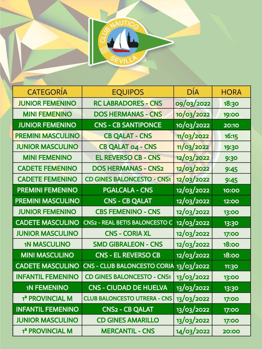 CNauticoSevilla's tweet photo. 📌🏀 #AGENDACNS de baloncesto
Partidos programados hasta el 14 de marzo por los diferentes equipos del Club Náutico en las competiciones provinciales y nacionales.
💪🏻💪🏻 #SomosNáutico https://t.co/tG0Mxr3GEC