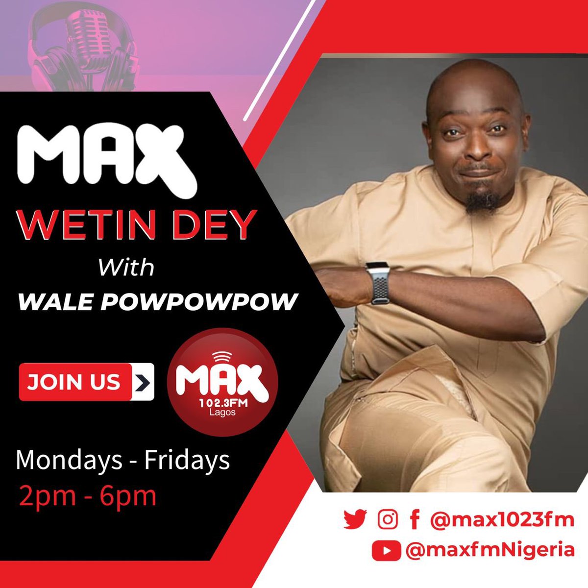 Max1023FM's tweet photo. @walepowpowpow @Obuszalee1 @PunkeAboki20 @Babylawyer_1 are set!!!
Tune in, in the next 30 minutes to 102.3 2pm-6pm.
#wetindey #music #entertainment #areapolice #maxfm https://t.co/DsVfQuGTTZ
