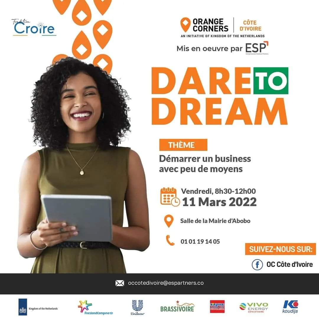 🚨📣 [Bon plan] Demain, vendredi 11 mars 2022, la Fondation <a href="/croireci/">Croire Côte d’Ivoire</a> et <a href="/es_partners/">ESPartners</a> vous donnent RDV à la salle de la Mairie d'#Abobo dès 8⏰
Tu es jeune ? Viens découvrir comment débuter une affaire avec peu de moyens. C’est libre et gratuit  ! 
📲 (+225) 01 011 914 05