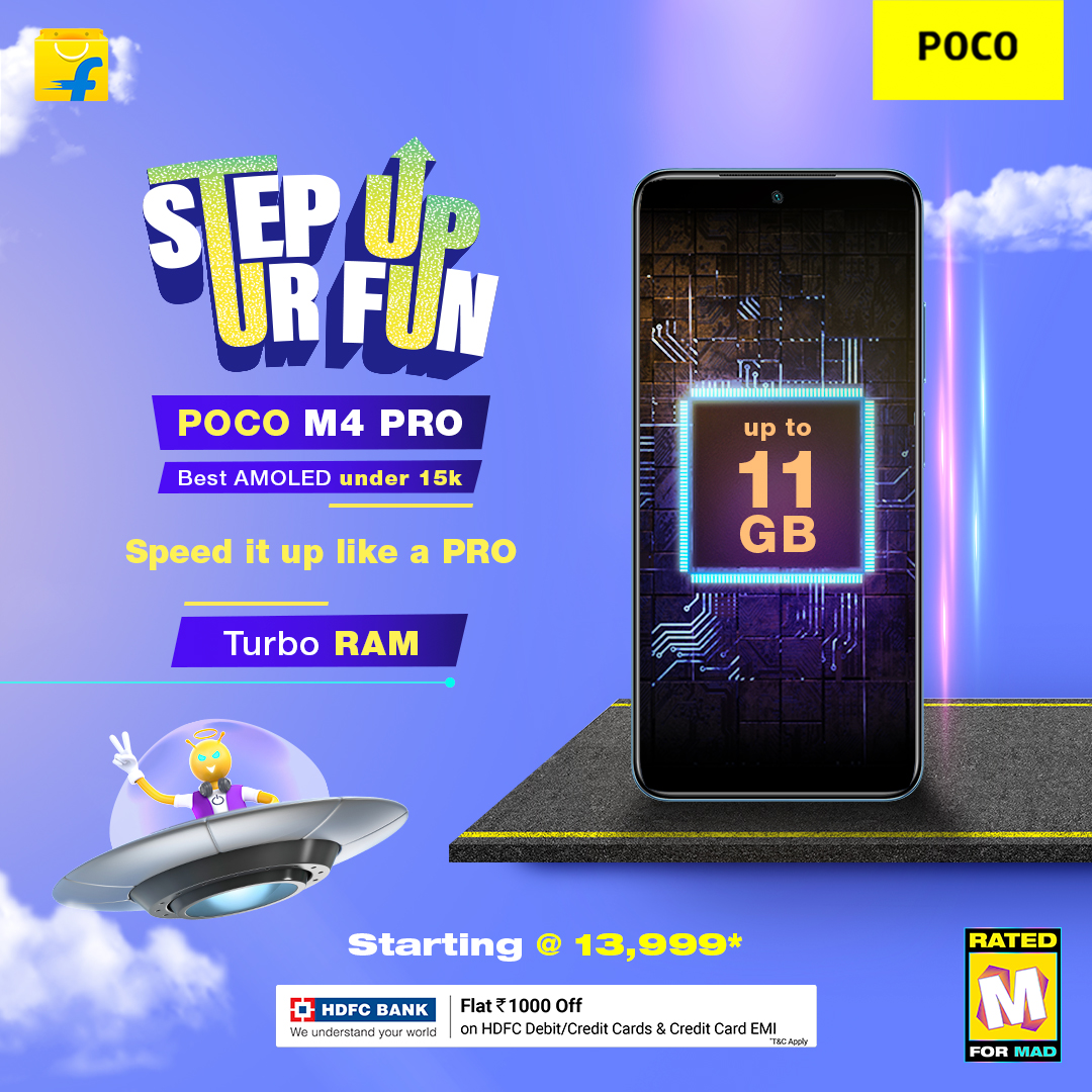 IndiaPOCO's tweet photo. Don't settle for less. Boost up to 11GB of RAM with the Turbo RAM on the #POCOM4Pro! It's your turn to #StepUpUrFun and own the #POCOM4Pro at Rs. 13999* on @Flipkart.  
HDFC card holders get a flat Rs. 1000 off!* 
Grab yours now - https://t.co/qOgSwCnSbx

*T&amp;C Apply https://t.co/hObltTzlFt