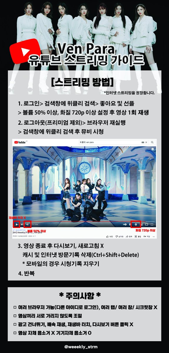 weeekly_strm's tweet photo. 📢 위클리 Ven para 유튜브 뮤직비디오 스트리밍 가이드입니다!
내용에 맞춰 스트리밍 하시면 됩니다!! 데일리 여러분의 많은 참여 부탁드립니다!🖤🤍 https://t.co/A5OZ90BWV3