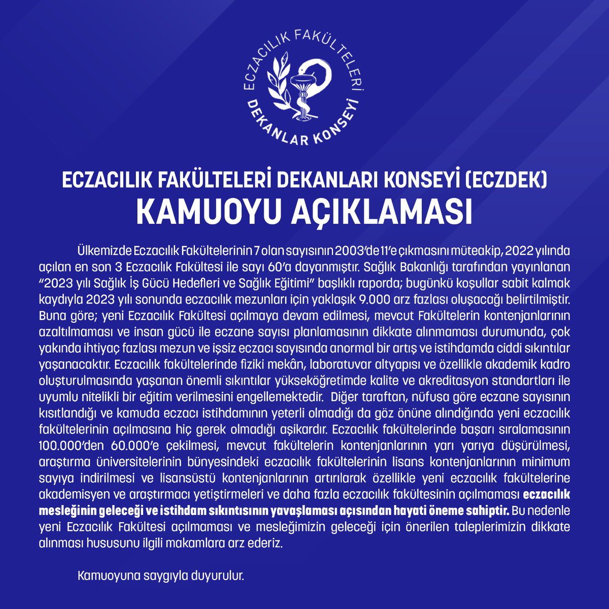 ilkay_E_ORHAN's tweet photo. Eczacılık Fakülteleri Dekanlar Konseyi tarafından kamuoyuna saygıyla duyurulur. https://t.co/moFyXL1gjf