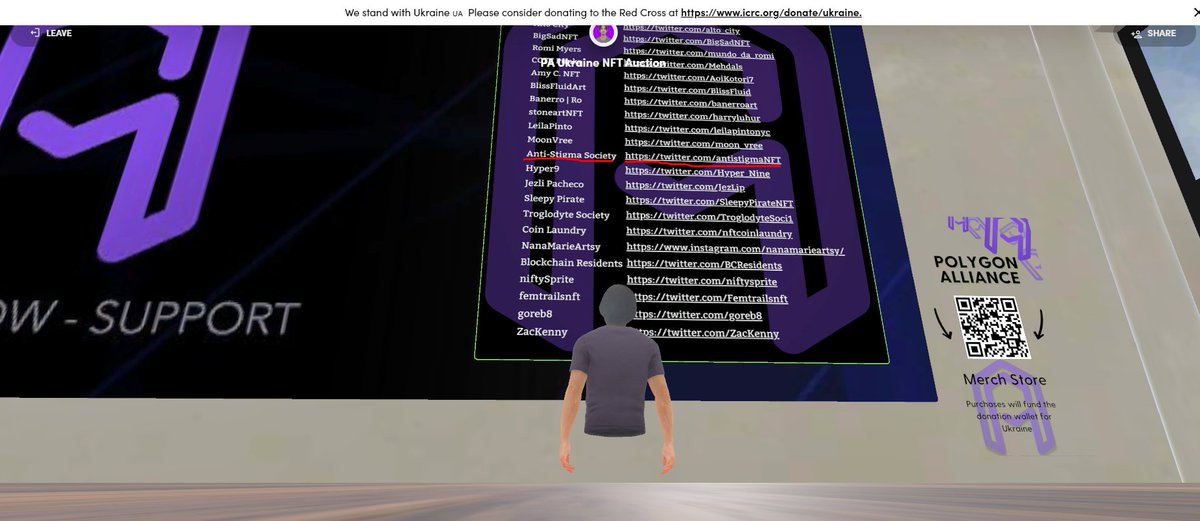 PA UKRAINE NFT AUCTION IS NOW LIVE AT <a href="/spatialxr/">❗DO NOT USE❗ Now @Spatial_io 🎉</a> !

Anti-Stigma Society together with other projects in <a href="/PolygonAlliance/">Polygon Alliance</a>  has given a piece for the auction in which all proceeds will be donated to the people of #Ukraine. 🇺🇦

spatial.io/rooms/62231042…