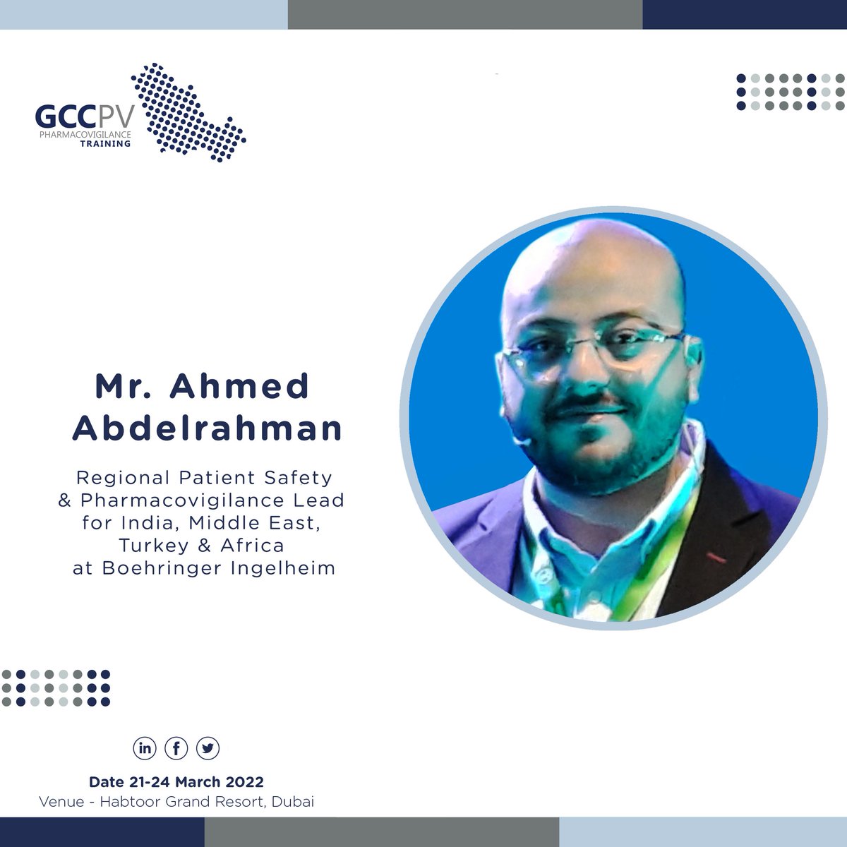 GccPharma's tweet photo. Meet Mr. Ahmed Abdelrahman, the Regional Patient Safety and #Pharmacovigilance Lead #India, #MiddleEast, #Turkey & #Africa at @Boehringer, who will be one of our speakers at the #GCC Pharmacovigilance #training this year!
Register Now: https://t.co/iZQ1al89ud
#GCCPVTraining https://t.co/QidCBbu06F