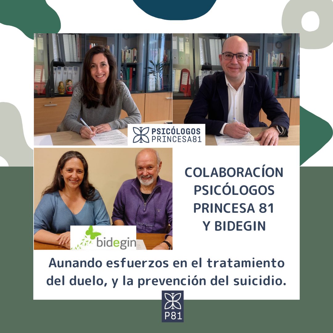 Pedro Martín-Barrajón (Prevención del Suicidio) (@psicourgencias) on Twitter photo Un placer para <a href="/psicoprincesa81/">Psicólogos Princesa 81</a> aunar esfuerzos en el tto. del #duelo y la prevención del #suicidio con @Bidegin Servicio de apoyo al duelo y enfermedad grave, una entidad referente en el panorama nacional, con la que compartimos orígenes y modelo de intervención <a href="/IpirDuelo/">IPIR DUELO</a>. Un placer para <a href="/psicoprincesa81/">Psicólogos Princesa 81</a> aunar esfuerzos en el tto. del #duelo y la prevención del #suicidio con @Bidegin Servicio de apoyo al duelo y enfermedad grave, una entidad referente en el panorama nacional, con la que compartimos orígenes y modelo de intervención <a href="/IpirDuelo/">IPIR DUELO</a>.