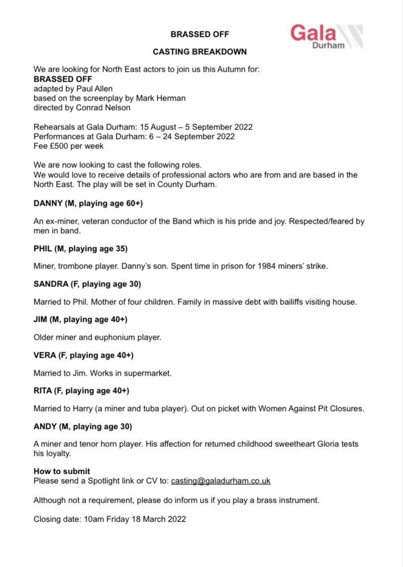 hooleytheatre's tweet photo. Exciting #casting from @GalaDurham for #NorthEast #actors aged 30+ for their #stage production of #BrassedOff 🎭 Check out the breakdown &amp; apply by 18th March 👇🤞#theatre #actorslife https://t.co/NB33d49i82