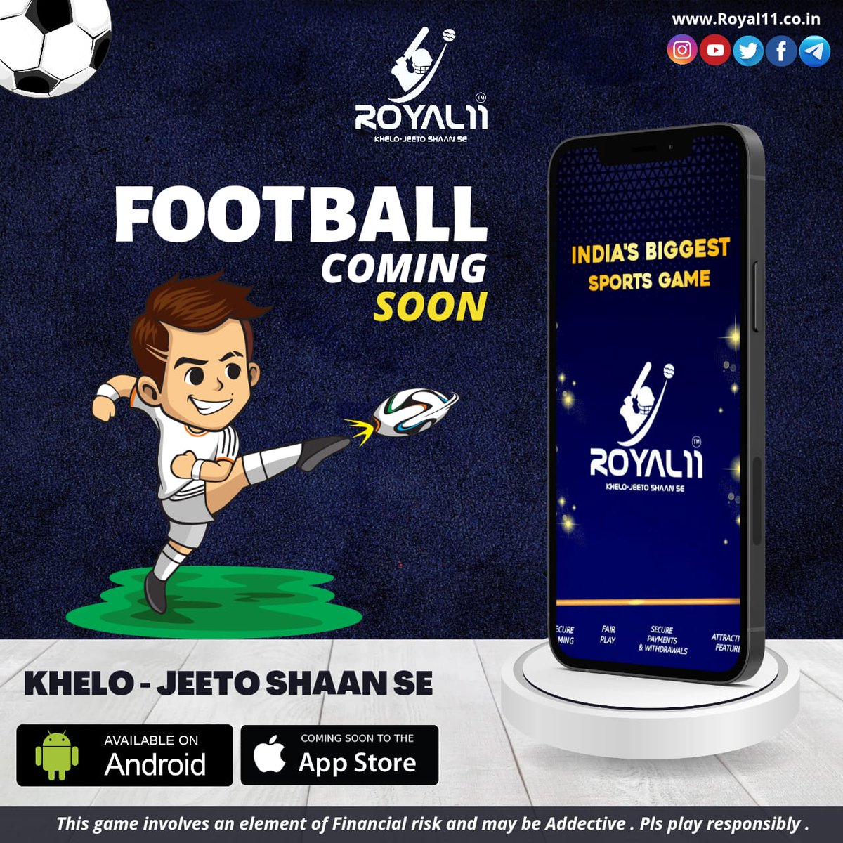 Hello Users,

On Public Demand

We are delighted to announce that we will launching FOOTBALL sports in our app. So download the app and win huge amount on Royal11 app.

Keep supporting us.

#Royal11
#khelojeetoshaanse
#fantasycricketapp 
#football 
#comingsoon‼️ 
#supportus