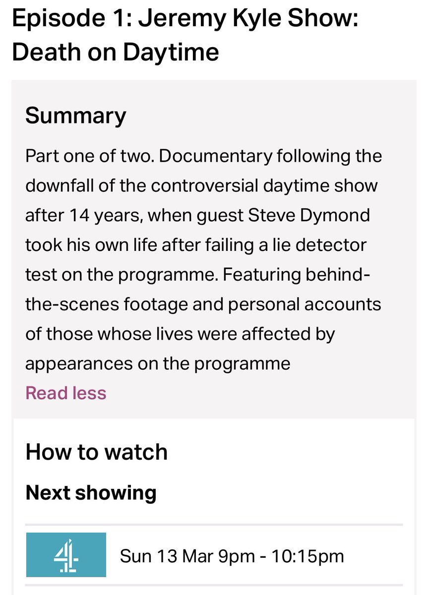 I did some filming for a Channel 4 project that I’m glad to announce is to be aired this Sunday. The show is called Jeremy Kyle Show: Death on Daytime. It’s a two part show with episode 1 airing on Channel 4 at 21:00 Sunday 13th and episode 2 at 21:00 on Monday 14th. <a href="/reddoormgmt/">Red Door Management</a>