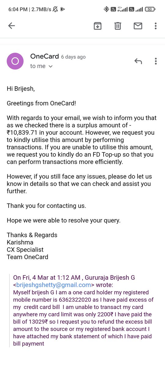 Thirumalksgowda's tweet photo. @OneCardHelp  pathetic response from onecard i have paid excess amount of 10839.71₹ to my onecard now they are saying to keep additional fd take back my money they are declining the request to refund the excess amount to bank - call me my mobile number is 6362485476 https://t.co/cwkoF31Uc2