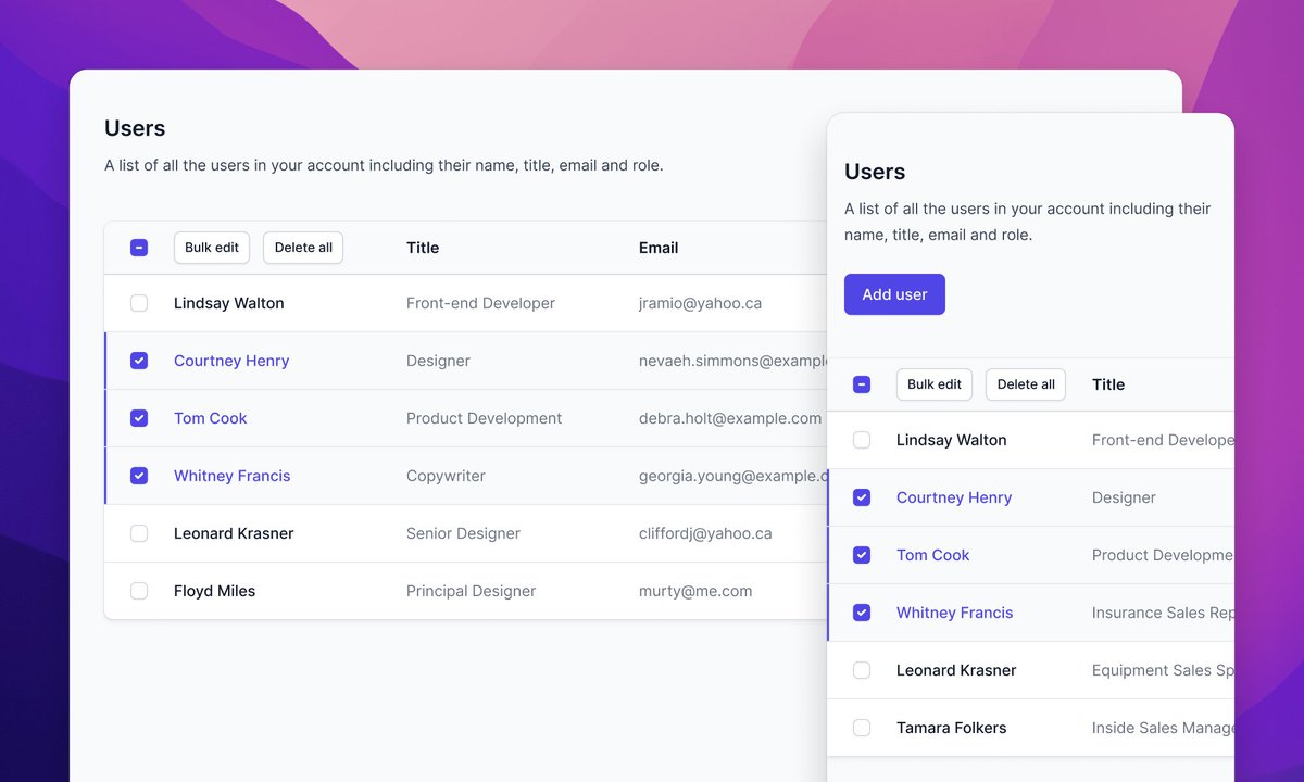 Jonathan Reinink (@reinink) on Twitter photo If forms are the most common thing I use when building web apps, the runner up absolutely has to be tables. I use them **all the time**.
Which is why I had so much fun with our latest Tailwind UI update — which includes 13 new table components! 😍
tailwindui.com/components/app… If forms are the most common thing I use when building web apps, the runner up absolutely has to be tables. I use them **all the time**.
Which is why I had so much fun with our latest Tailwind UI update — which includes 13 new table components! 😍
tailwindui.com/components/app…