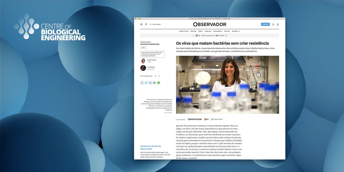 CEB - Centre of Biological Engineering (@cebuminho) on Twitter photo Joana Azeredo was featured in the Portuguese newspaper <a href="/observadorpt/">Observador</a>.
Developing synthetic #viruses that can be quickly adapted to the treatment of #bacterialinfections is the scientist's goal in the project financed by the Fundação “la Caixa”.
lkme.pt/4MhDY Joana Azeredo was featured in the Portuguese newspaper <a href="/observadorpt/">Observador</a>.
Developing synthetic #viruses that can be quickly adapted to the treatment of #bacterialinfections is the scientist's goal in the project financed by the Fundação “la Caixa”.
lkme.pt/4MhDY