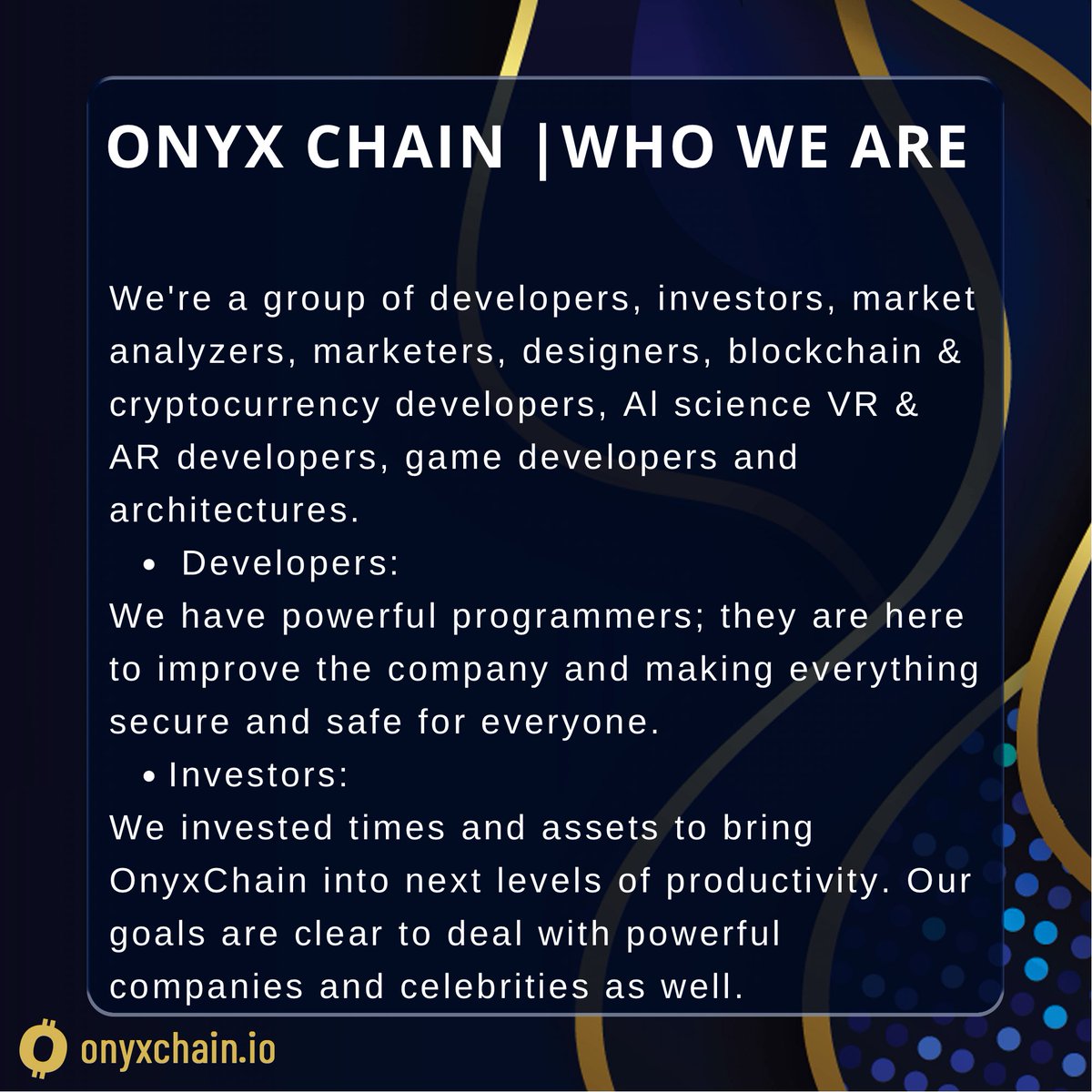 onyxchain_io's tweet photo. Get to know ONYX CHAIN better. 
.
.

#cryptocurrency #crypto #metaverse #nft #nfts #nftart #Trending #onyx #onyxchain https://t.co/DK78OfOwoS