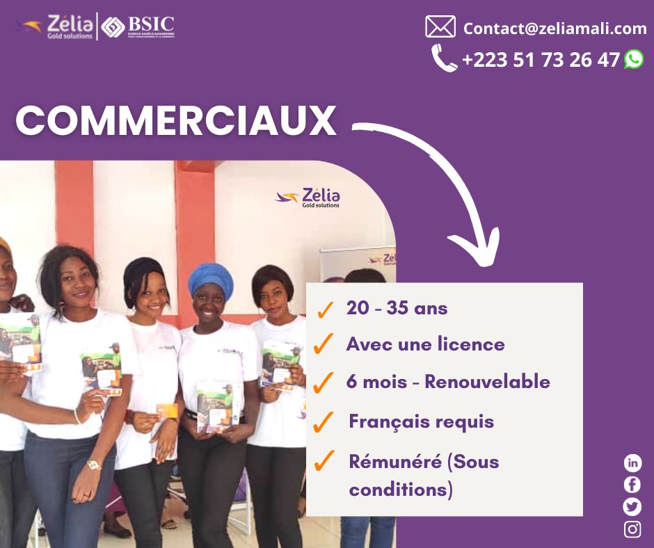 Zélia recrute :
Tu es dynamique et motivé(e)
Prêt(e) pour de nouvelles aventures
Tu as le sens du marketing et des expériences dans le domaine alors envoies ton CV via 
WhatsApp : +223 51 73 26 47
Par mail : Contact@zeliamali.com
.
.
#Mali #marketing #commercial #promoteur