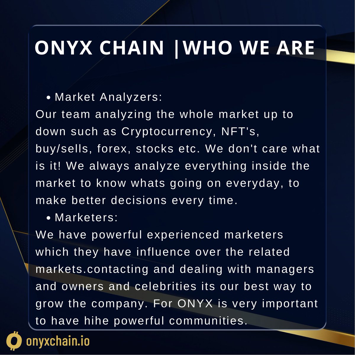 onyxchain_io's tweet photo. Get to know ONYX CHAIN better. 
.
#cryptocurrency #crypto #metaverse #nft #nfts #nftart #onyx #onyxchain https://t.co/eJJJNwOv3l