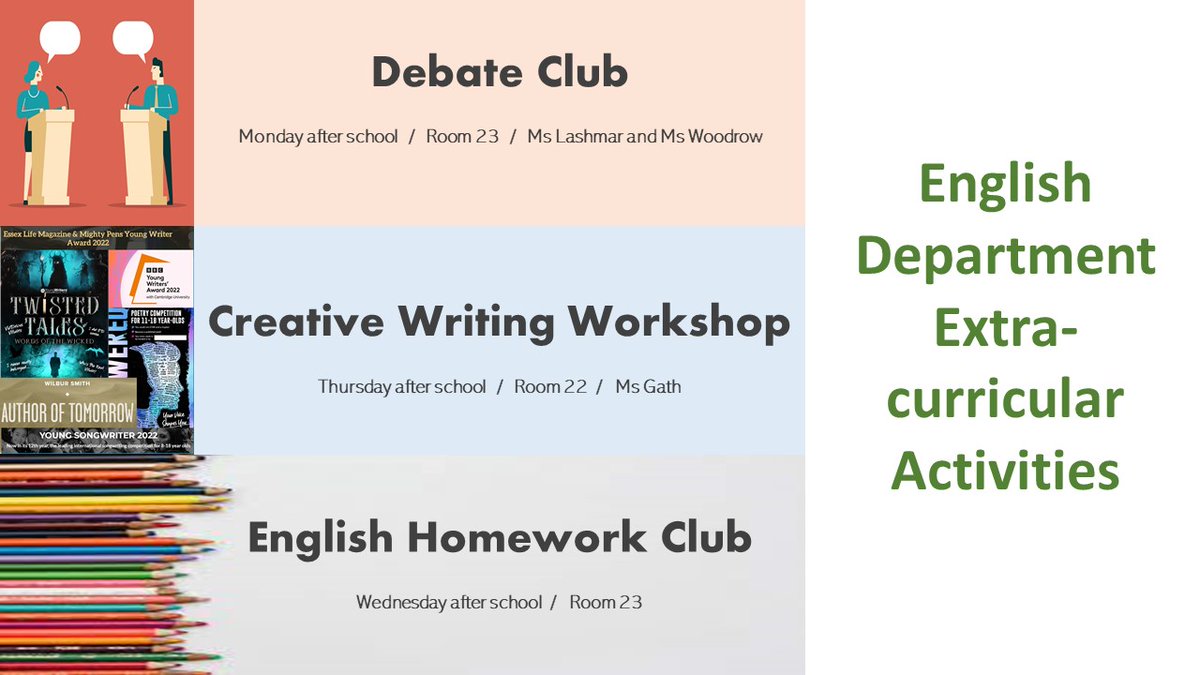 Royds_Hall's tweet photo. Here are the English Department Extra Curricular clubs. If your child is interested in attending, please ask them to speak to their Form Tutor. https://t.co/hrfA4CHLuO