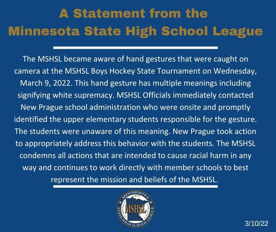 MSHSL's tweet photo. MSHSL Statement on New Prague vs Hermantown Game 3/10/22 https://t.co/geLznMvYf0