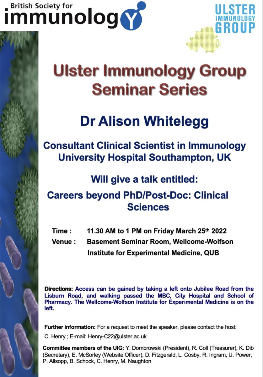 💥The Ulster Immunology Group’s new seminar series is starting💥 Our first speaker is Dr Alison Whitelegg (Consultant Clinical Scientist 👩🏼‍🔬🔬) - Scheduled for Fri 25th March, 11.30am-1pm at QUB! Address in poster 🔽 Registration - immunology.org/civicrm/event/… #immunology @WWIEM_QUB