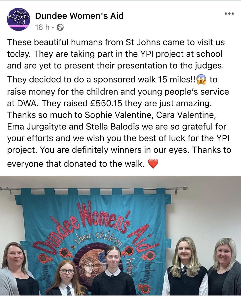 Congratulations to our amazing pupils for supporting @DundeeWomensAid for their YPI project. Photo courtesy of Dundee Women’s Aid Facebook