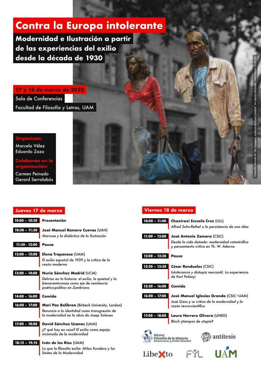 La próxima semana (jueves 17 y viernes 18) se celebra este congreso sobre Modernidad y Exilio en la UAM. En la Sala de Conferencias de <a href="/FyL_UAM/">Filosofía y Letras | UAM</a>. ¡Entrada libre!